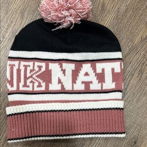 Pink by Victoria Secret Stylish Pink and Black Knit Pom-Pom Beanie
